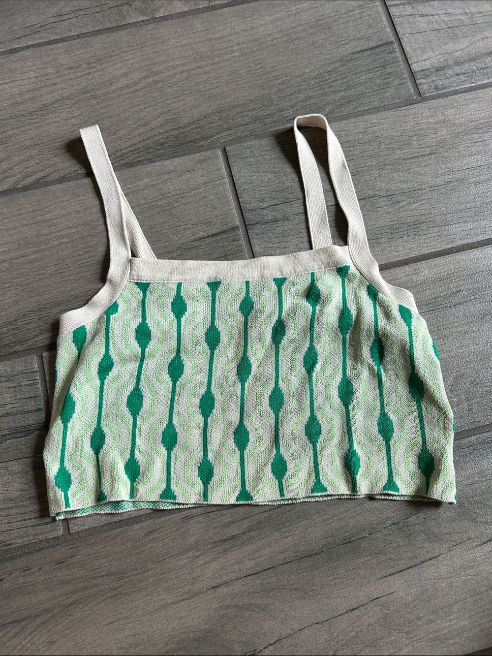 Cotton On Body Green Patterned Knit Crop Top with Cream Straps